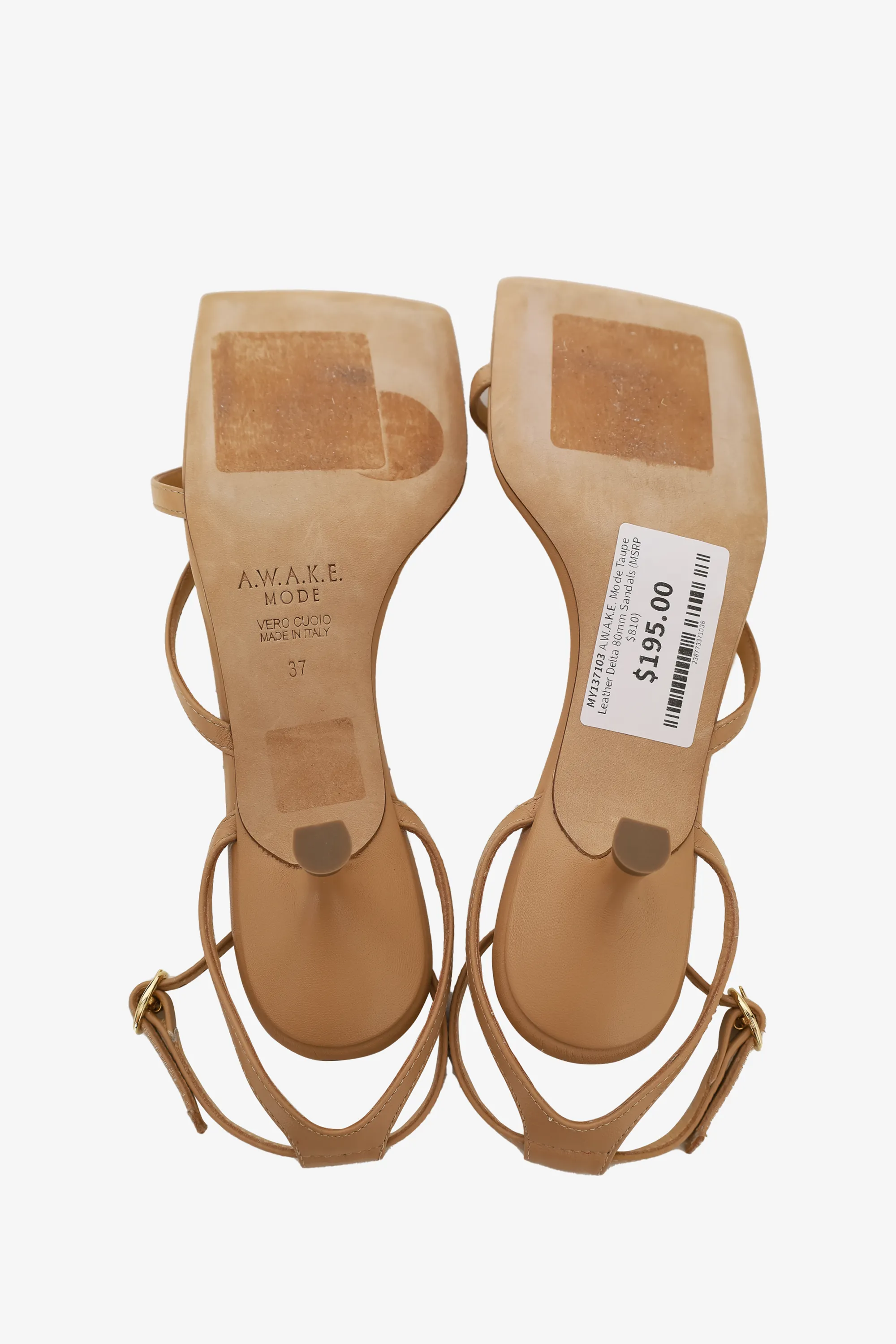 A.W.A.K.E. Mode Taupe Leather Delta 80mm Sandals Size 37