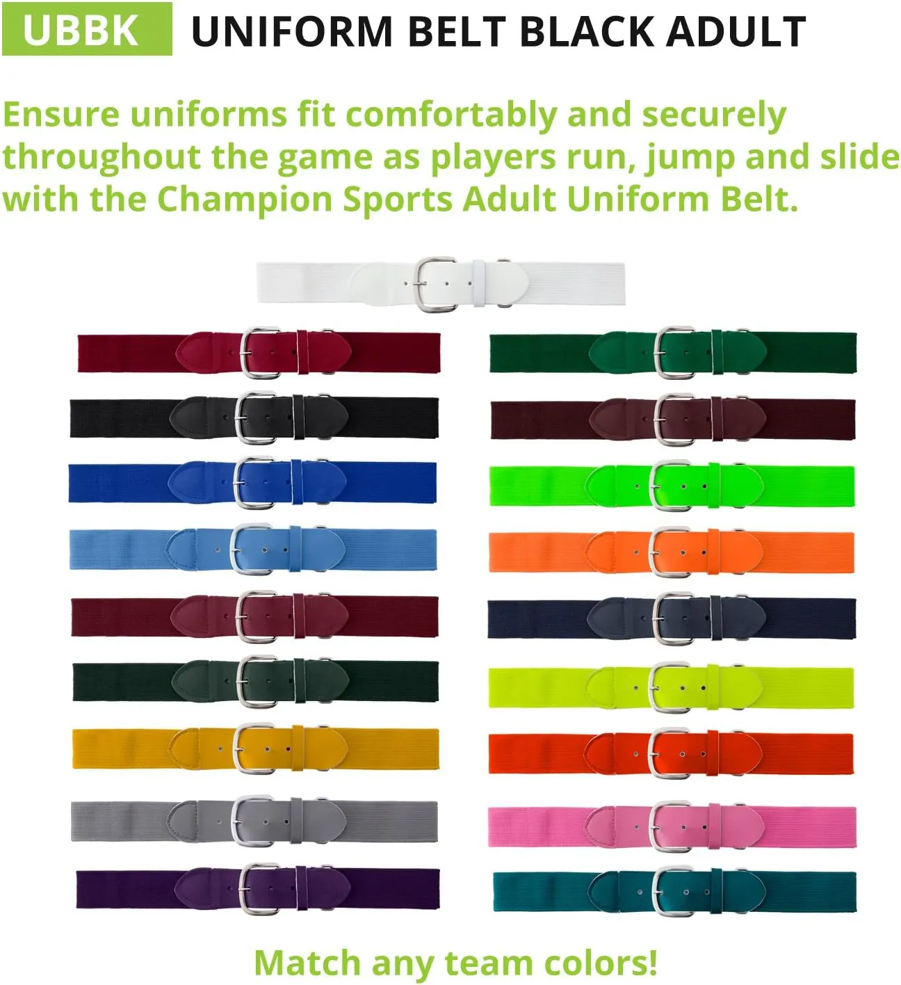 Champion Sports Baseball/Softball Uniform Belt, Comfort Stretch Fit - Durable Syntex Tab, Youth & Adult Sizes