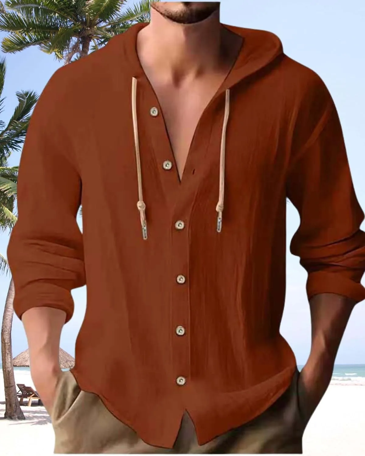 Cotton Linen Hoodie for Men Summer Casual Long Sleeve Button Down Hawaiian Beach Shirt Tops with Hood