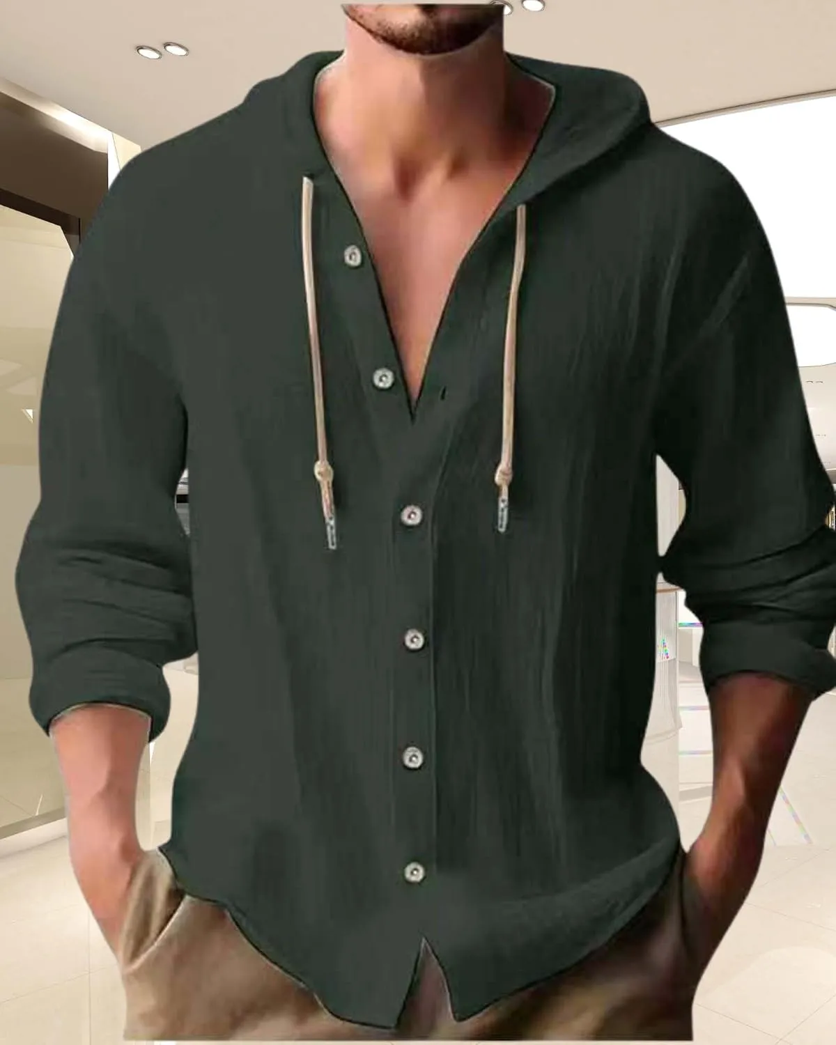 Cotton Linen Hoodie for Men Summer Casual Long Sleeve Button Down Hawaiian Beach Shirt Tops with Hood