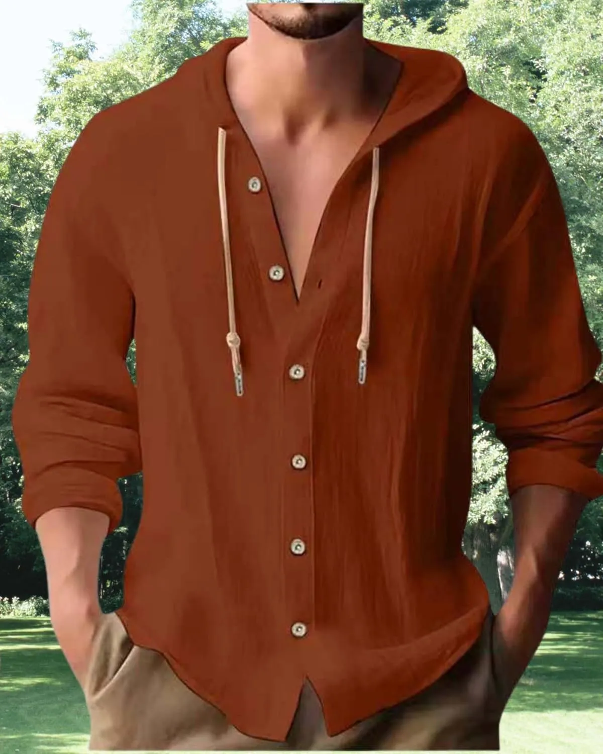 Cotton Linen Hoodie for Men Summer Casual Long Sleeve Button Down Hawaiian Beach Shirt Tops with Hood