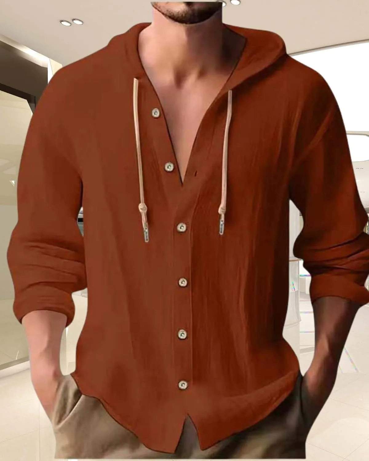 Cotton Linen Hoodie for Men Summer Casual Long Sleeve Button Down Hawaiian Beach Shirt Tops with Hood