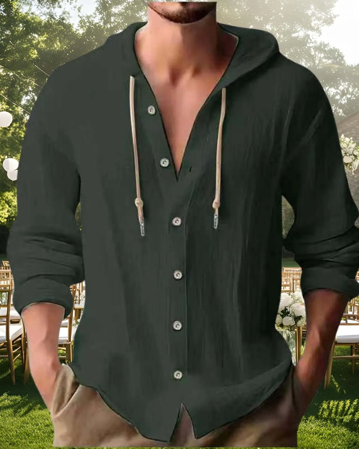 Cotton Linen Hoodie for Men Summer Casual Long Sleeve Button Down Hawaiian Beach Shirt Tops with Hood
