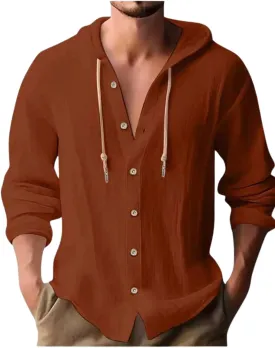Cotton Linen Hoodie for Men Summer Casual Long Sleeve Button Down Hawaiian Beach Shirt Tops with Hood