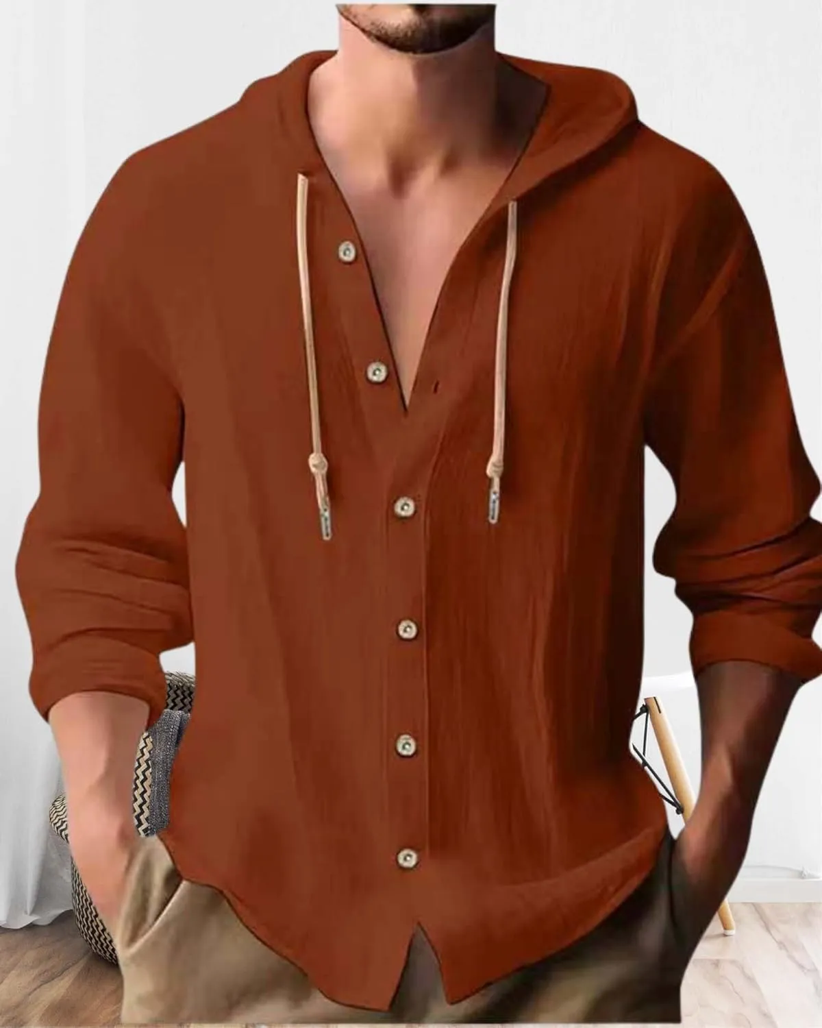 Cotton Linen Hoodie for Men Summer Casual Long Sleeve Button Down Hawaiian Beach Shirt Tops with Hood