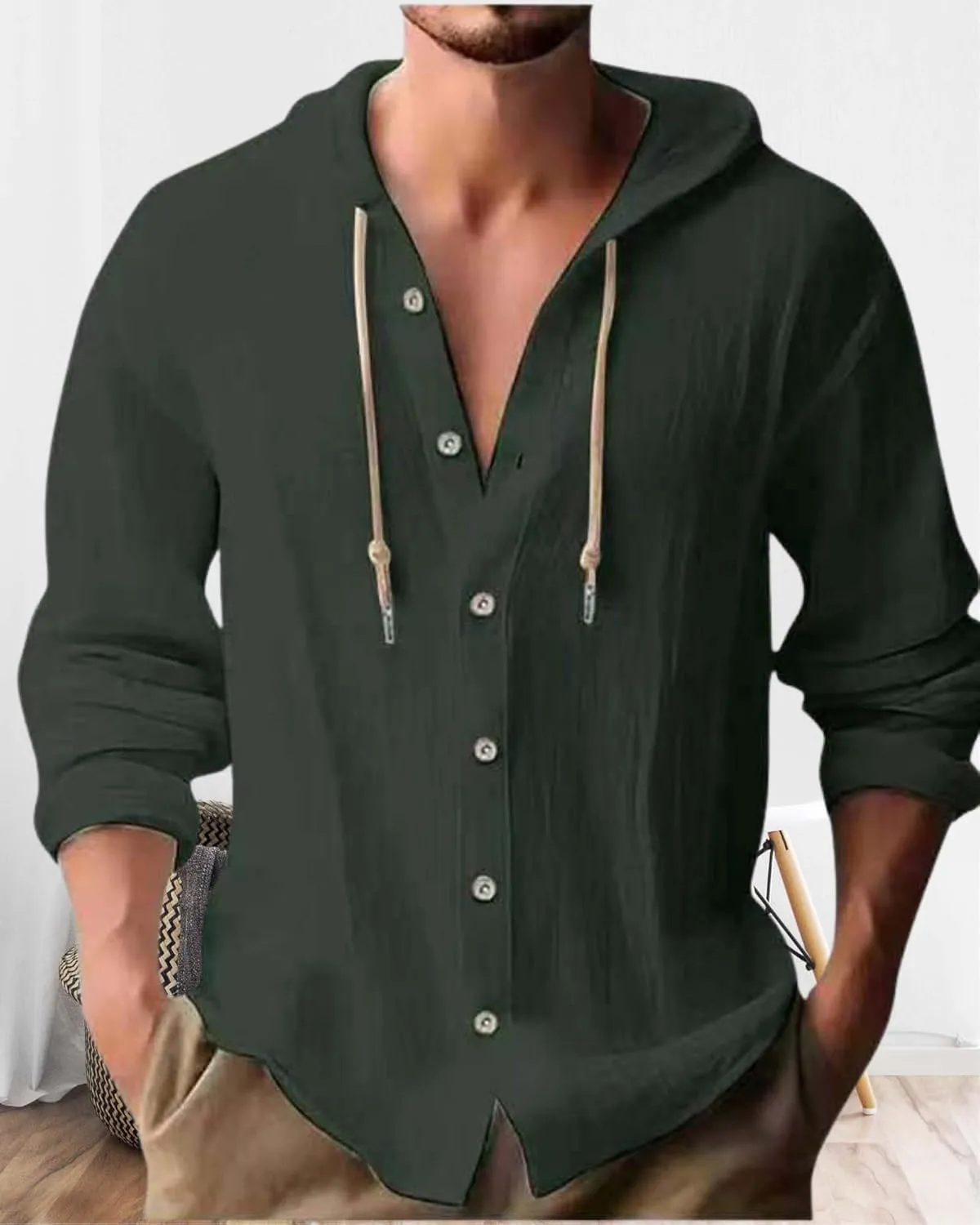 Cotton Linen Hoodie for Men Summer Casual Long Sleeve Button Down Hawaiian Beach Shirt Tops with Hood