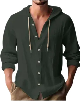 Cotton Linen Hoodie for Men Summer Casual Long Sleeve Button Down Hawaiian Beach Shirt Tops with Hood