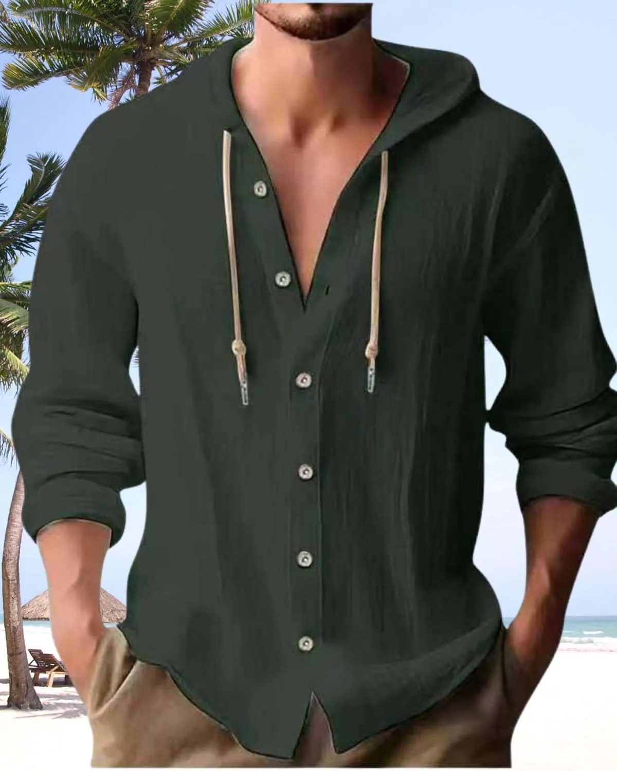 Cotton Linen Hoodie for Men Summer Casual Long Sleeve Button Down Hawaiian Beach Shirt Tops with Hood