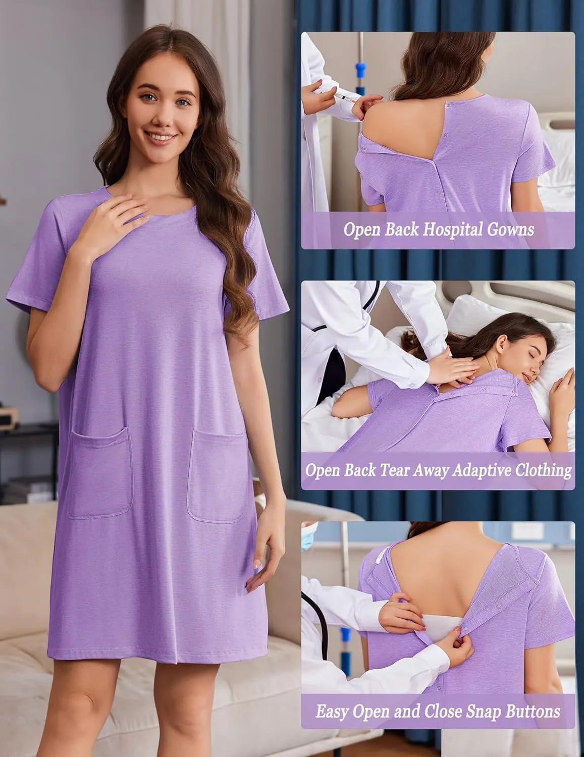 Deyeek Hospital Gowns for Women Open Back Tear Away Snap Nursing Dress Short Sleeve Soft Adaptive Clothing With Pockets