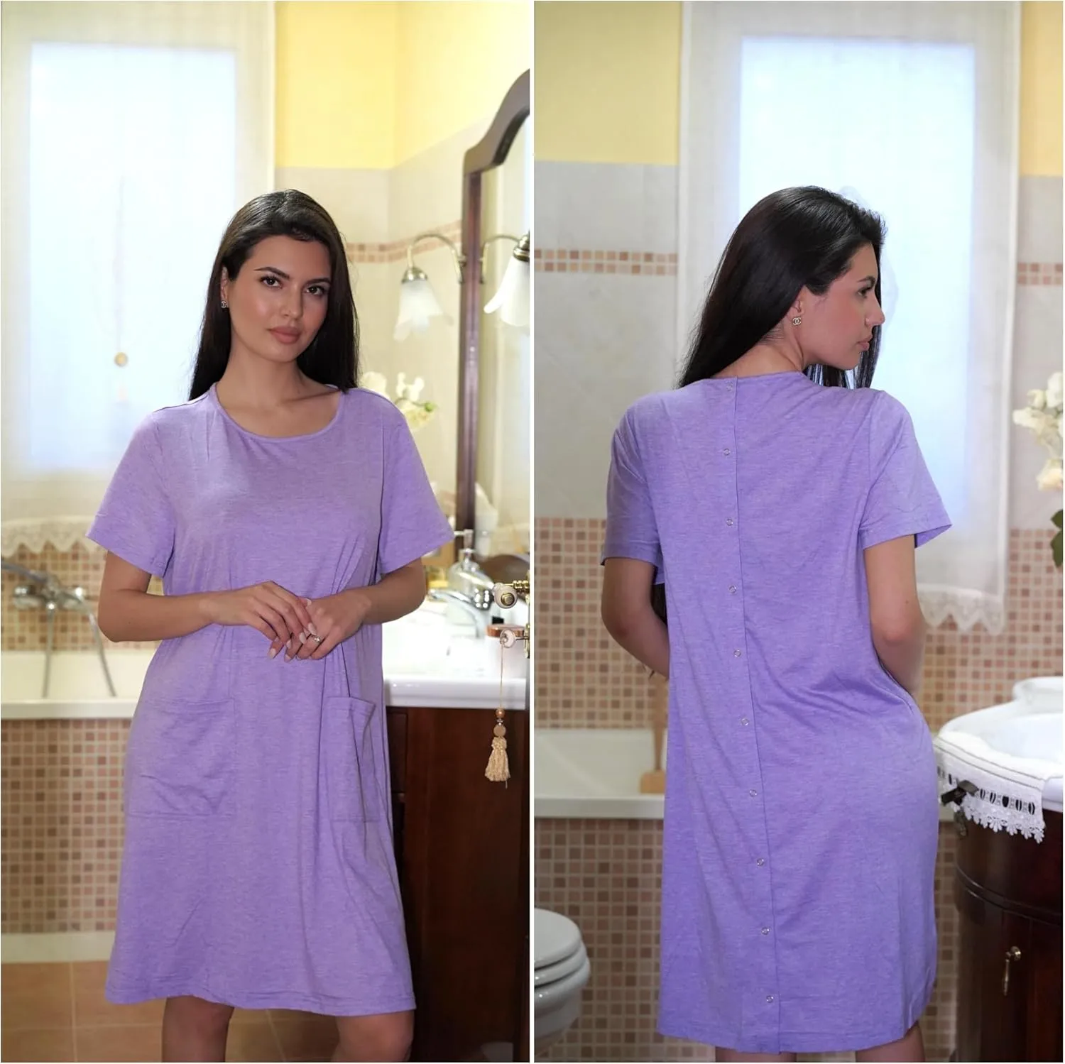 Deyeek Hospital Gowns for Women Open Back Tear Away Snap Nursing Dress Short Sleeve Soft Adaptive Clothing With Pockets