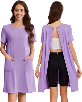 Deyeek Hospital Gowns for Women Open Back Tear Away Snap Nursing Dress Short Sleeve Soft Adaptive Clothing With Pockets
