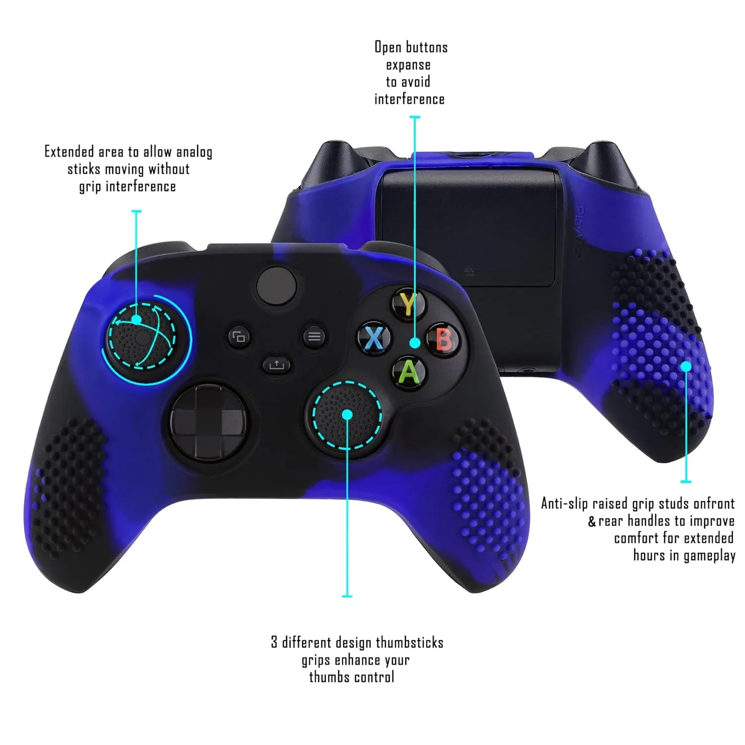 eXtremeRate PlayVital 3D Studded Edition Anti-Slip Silicone Cover Skin for Xbox Series X/S Controller, Soft Rubber Case Protector for Xbox Core Wireless Controller with Thumb Grip Caps - Blue & Black
