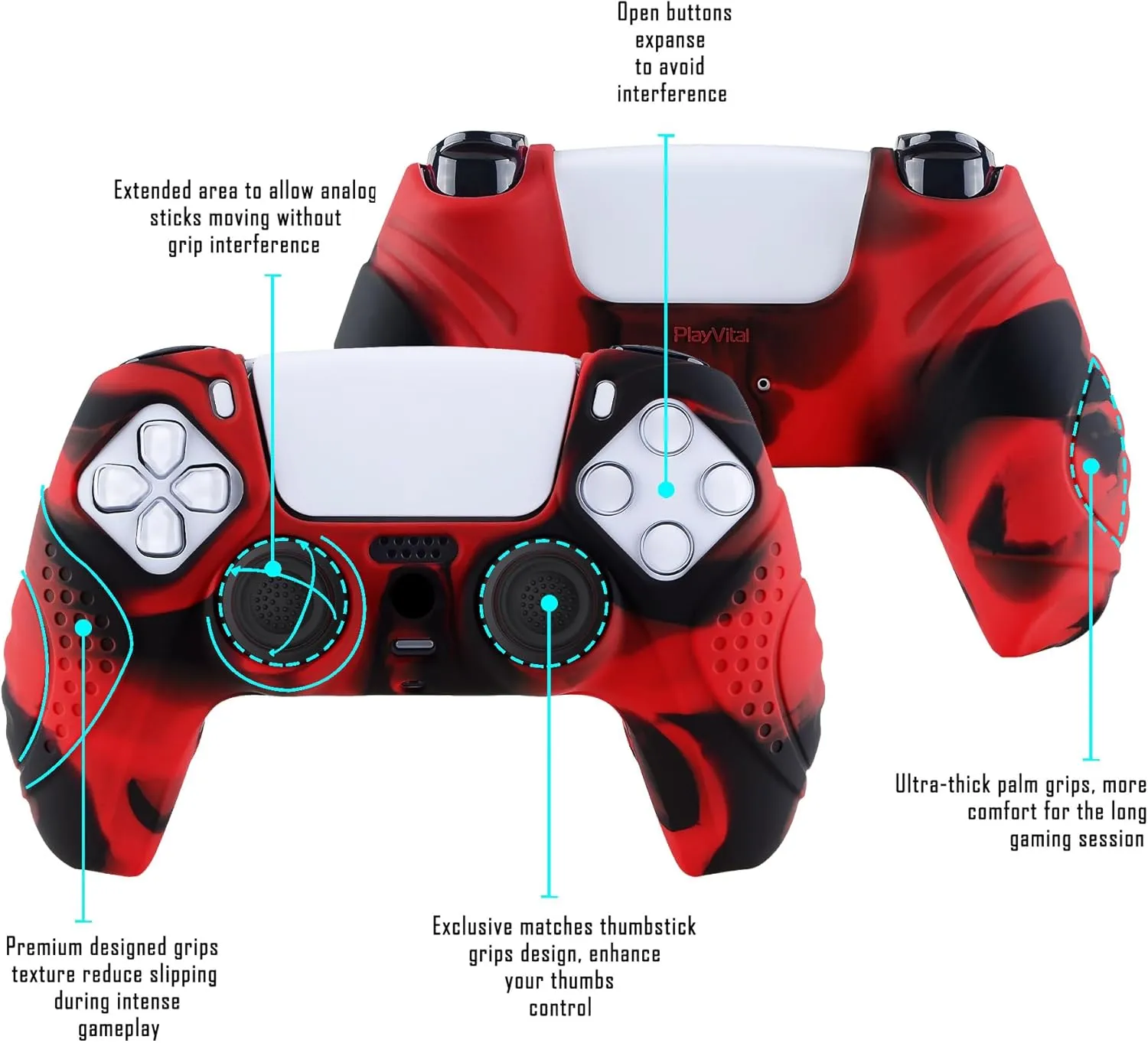 eXtremeRate PlayVital Guardian Edition Ergonomic Soft Anti-Slip Controller Silicone Case Cover for ps5, Rubber Protector Skins with Black Joystick Caps for ps5 Controller - Red & Black