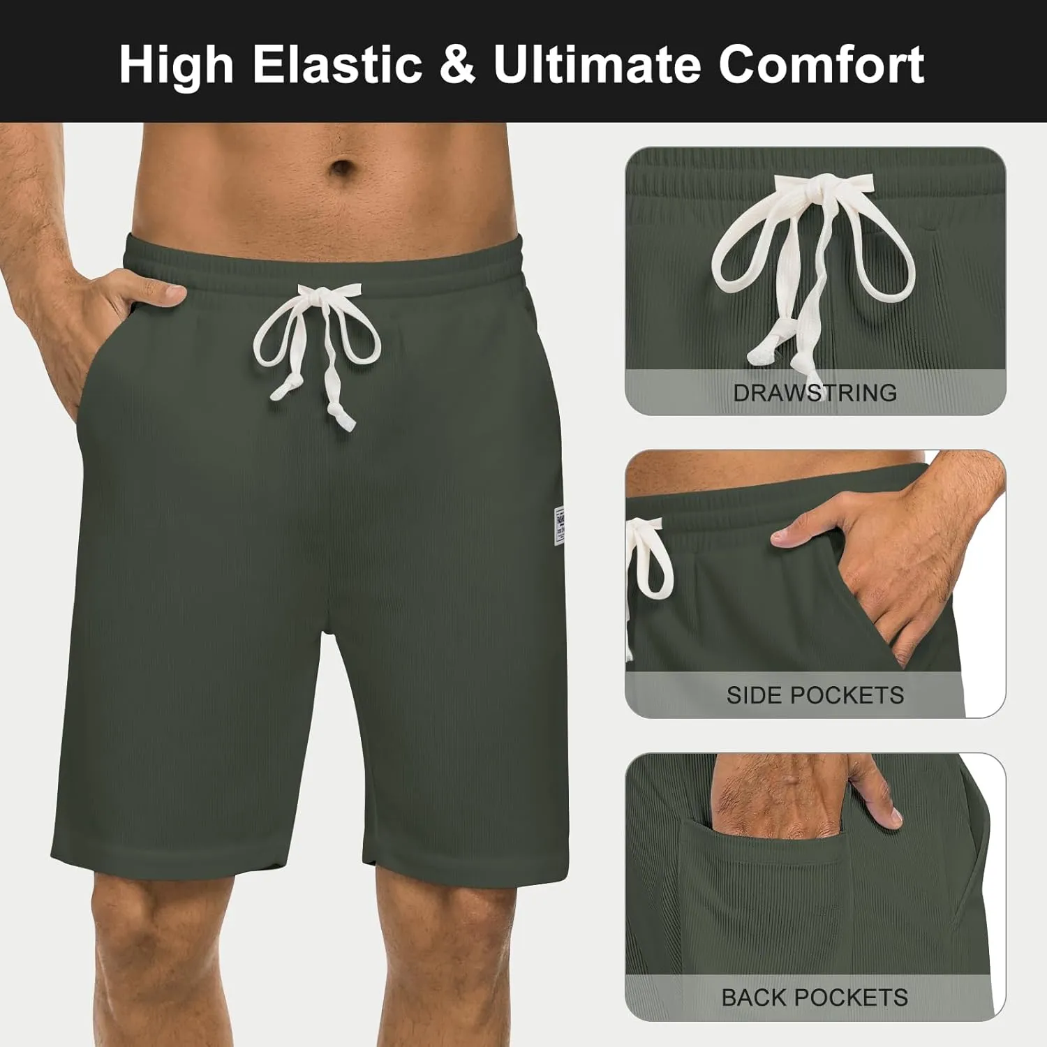 Men's Casual Shorts Corduroy Elastic Waist Drawstring 7 inch Shorts for Men with Pockets