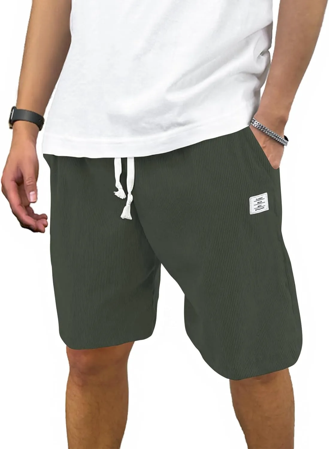 Men's Casual Shorts Corduroy Elastic Waist Drawstring 7 inch Shorts for Men with Pockets