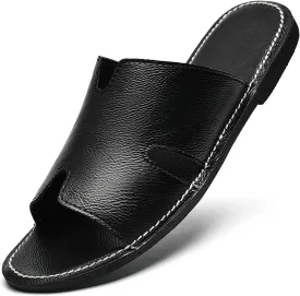 SEDFGLS Men's Genuine Leather Flat Slides Sandals Summer Classic Round Open Toe Slip On Softsole Male Sandals for Beach Walking Slides