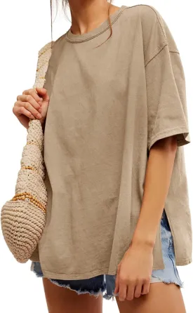 Tankaneo Womens Oversized Tshirts Summer Casual Short Sleeve Crew Neck T Shirt Loose Fit Side Slit Tee Tops
