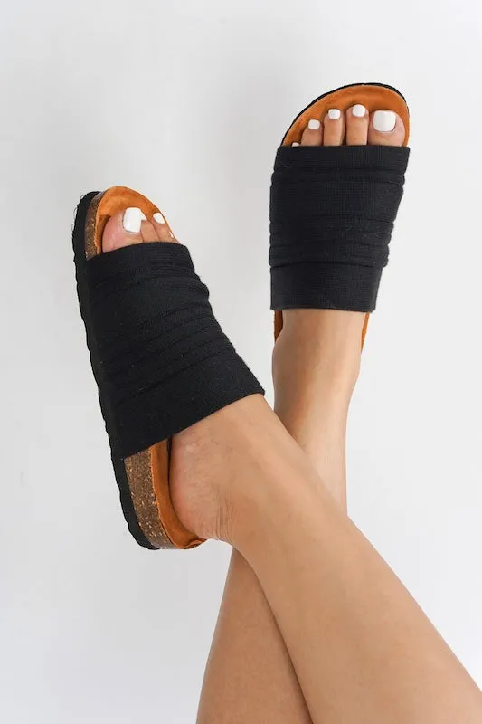 WIDE TOE BAND CORK SOLE FLAT SLIDES