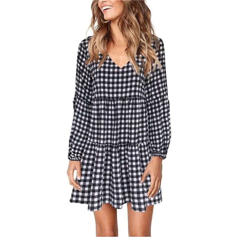 Woman V-Neck Cotton Plaid Printed Long Sleeve Puff Sleeve Dress