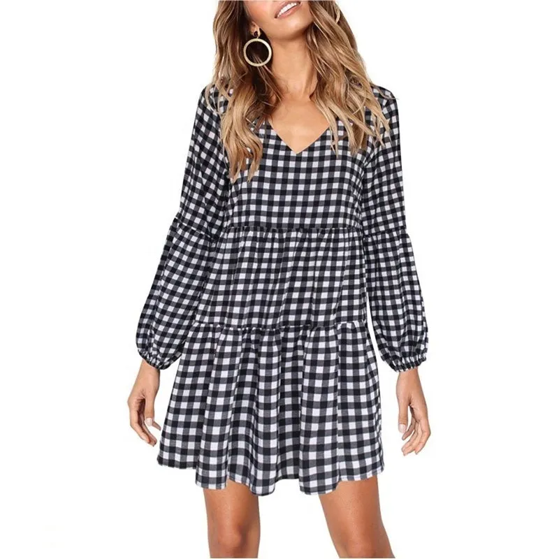 Woman V-Neck Cotton Plaid Printed Long Sleeve Puff Sleeve Dress