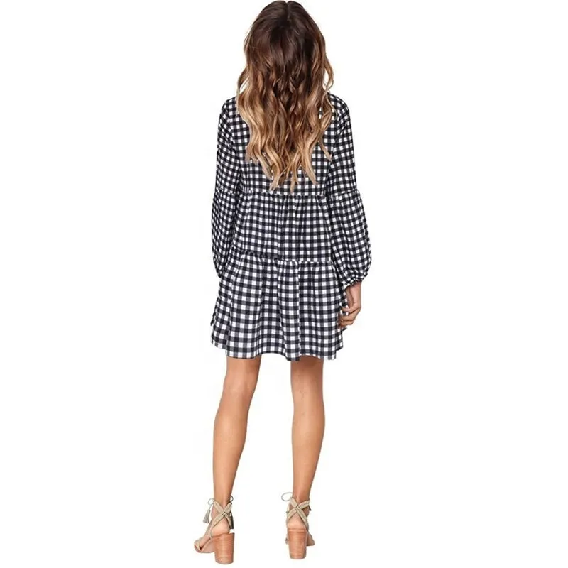 Woman V-Neck Cotton Plaid Printed Long Sleeve Puff Sleeve Dress