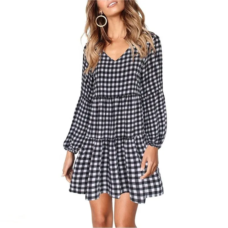 Woman V-Neck Cotton Plaid Printed Long Sleeve Puff Sleeve Dress